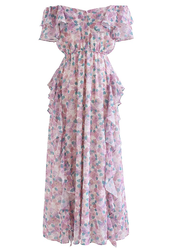 Lilac Floral Asymmetric Ruffle Off-Shoulder Maxi Dress - Retro, Indie ...