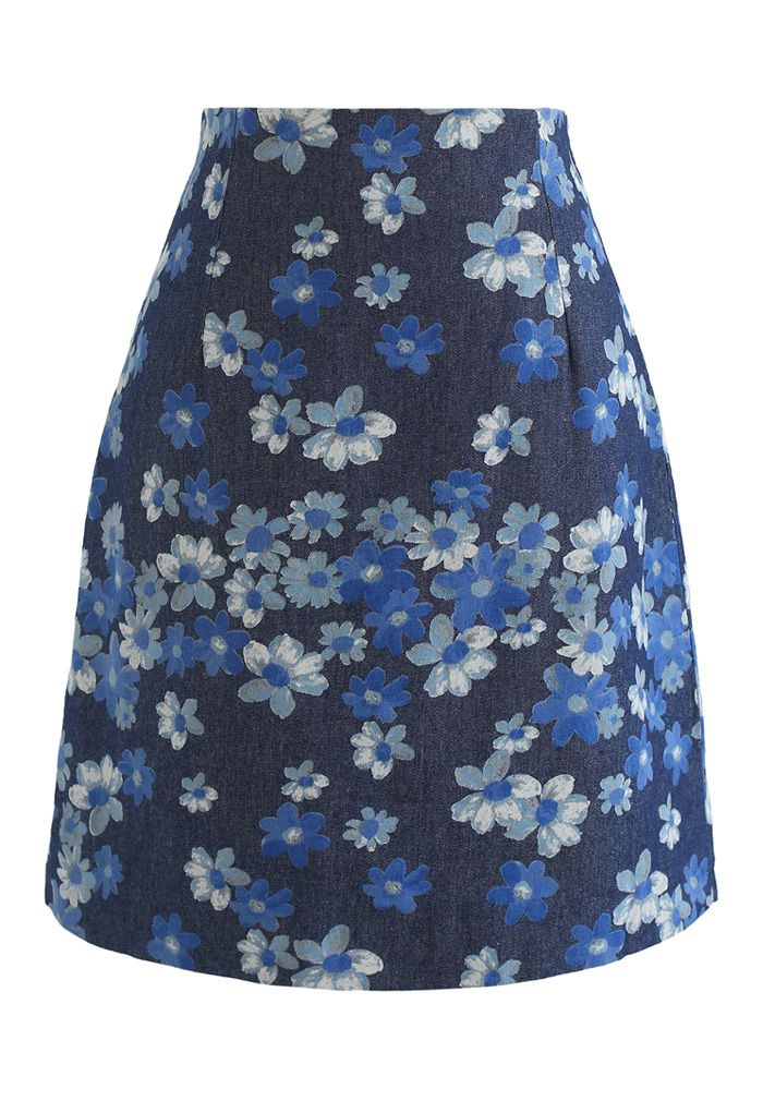 Falling Flowers Denim Bud Skirt in Navy - Retro, Indie and Unique Fashion