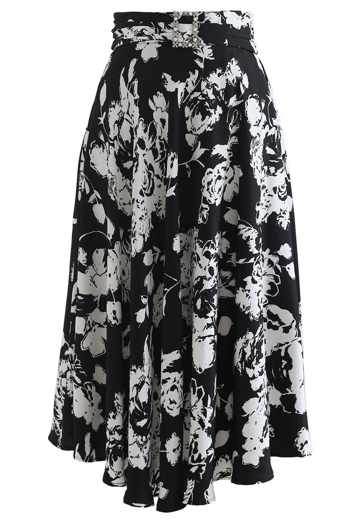 Brooch Detail Sketch Floral Printed Midi Skirt in Black - Retro, Indie ...