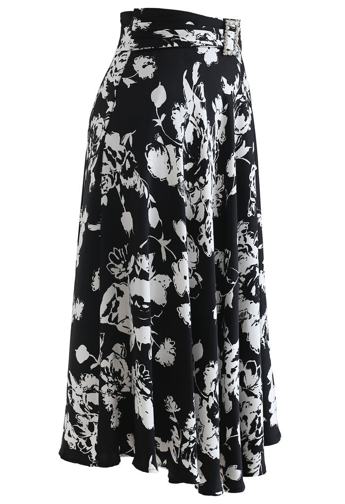 Brooch Detail Sketch Floral Printed Midi Skirt in Black - Retro, Indie ...