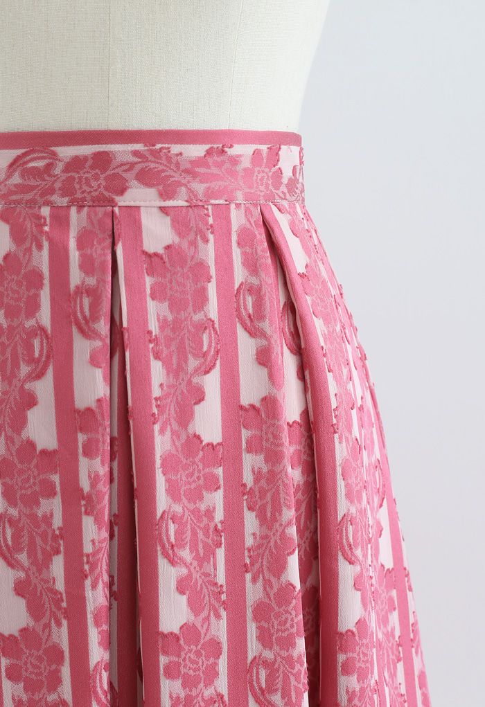 Floral and Stripes Jacquard Pleated Skirt