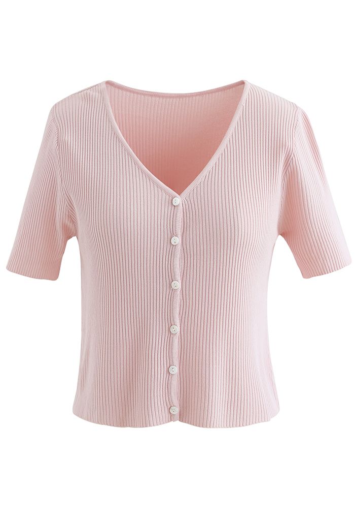 Buttoned V-Neck Short Sleeve Rib Knit Top in Pink - Retro, Indie and ...