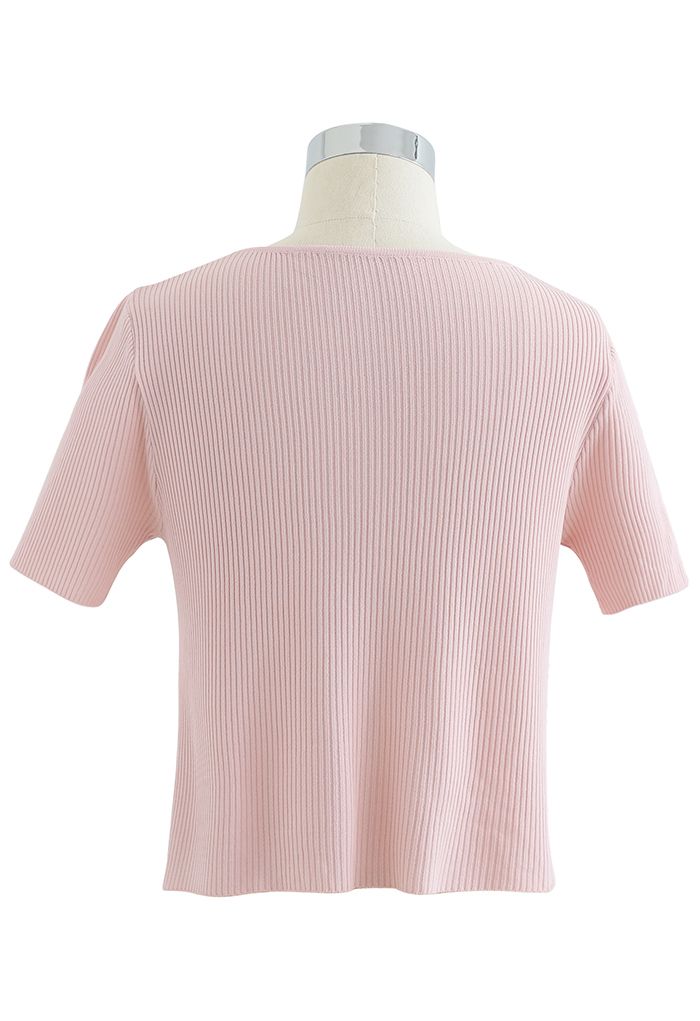 Buttoned V-Neck Short Sleeve Rib Knit Top in Pink - Retro, Indie and ...
