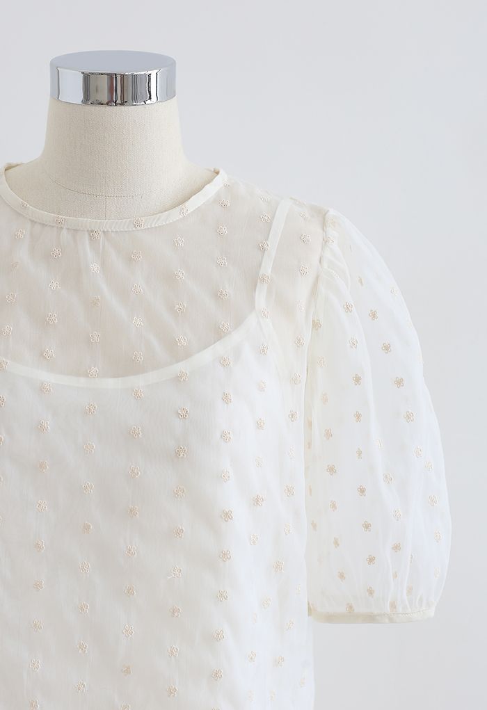 Embroidered Daisy Eyelet Sheer Top in White