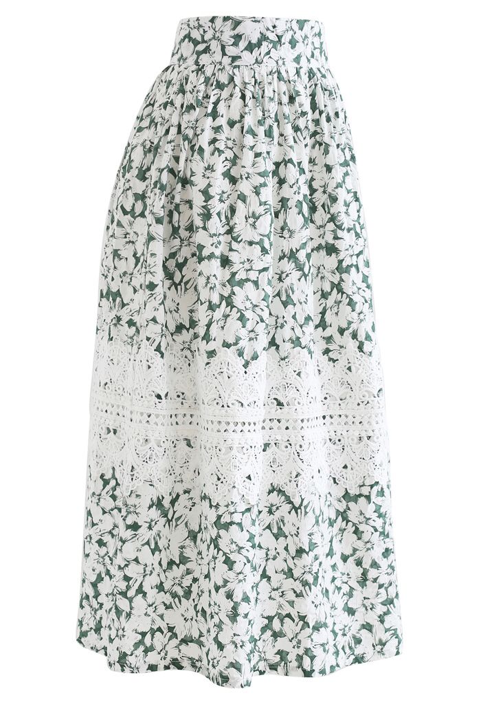 Crochet Decorated Green Floral Midi Skirt