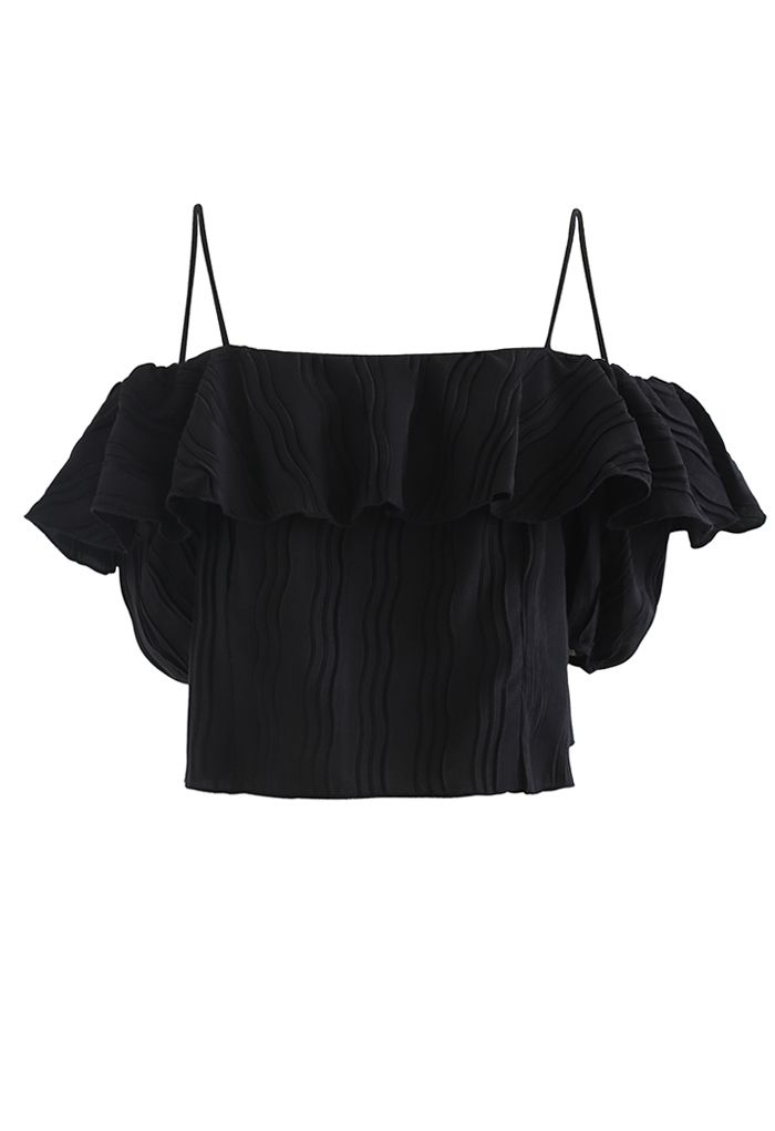 Ripple Pleated Cold-Shoulder Crop Top in Black - Retro, Indie and ...