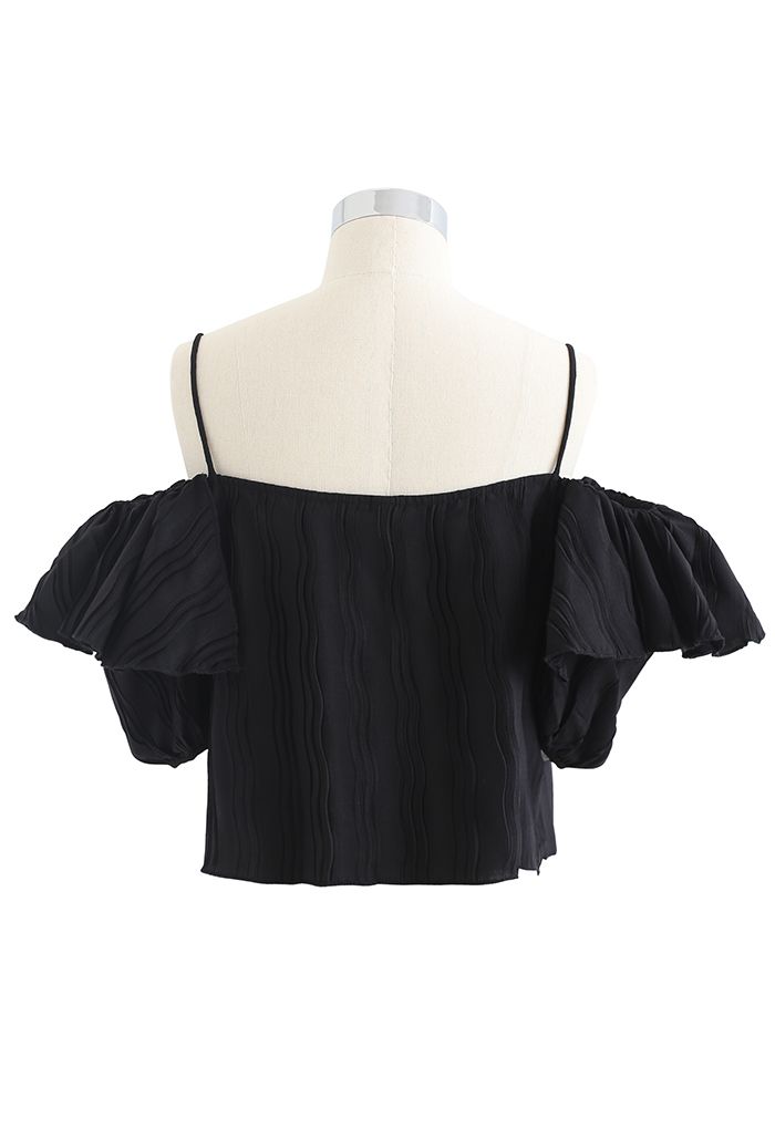 Ripple Pleated Cold-Shoulder Crop Top in Black - Retro, Indie and ...