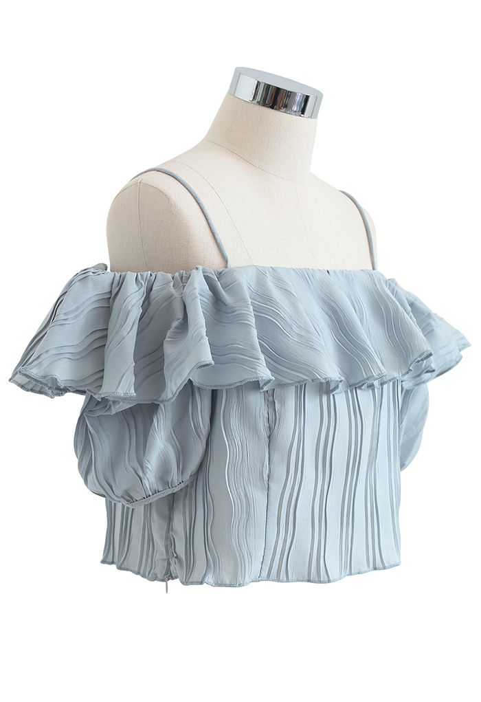Ripple Pleated Cold-Shoulder Crop Top in Dusty Blue - Retro, Indie and ...
