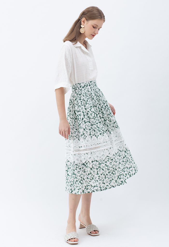 Crochet Decorated Green Floral Midi Skirt