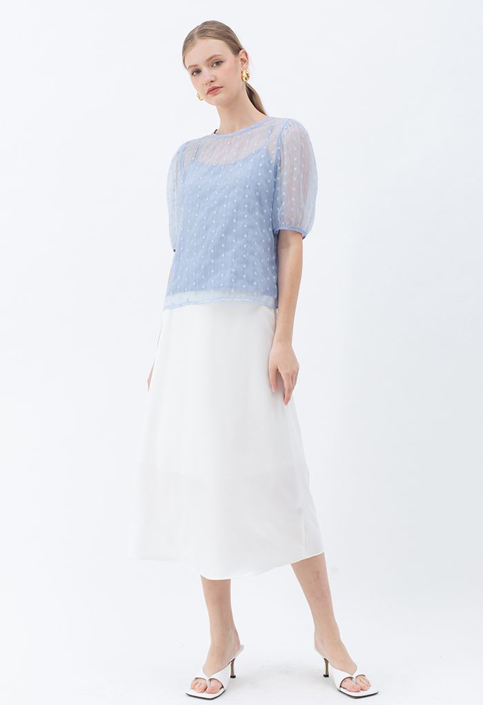 Embroidered Daisy Eyelet Sheer Top in Blue