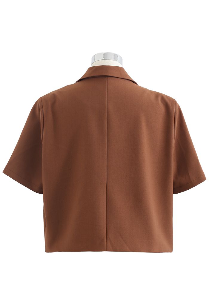 Short Sleeve Padded Shoulder Crop Blazer in Caramel