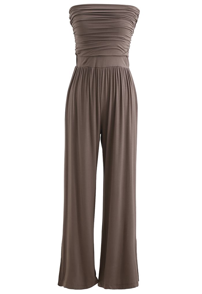 Ruched Front Soft Touch Slit Jumpsuit in Brown