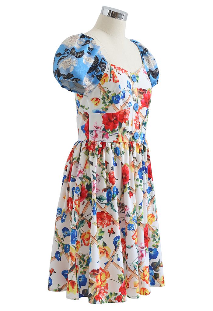 Vibrant Floral Print Jacquard Sleeve Dress