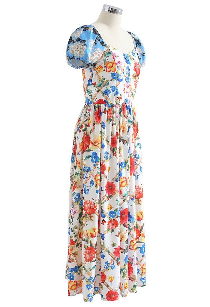Vibrant Floral Print Jacquard Sleeve Maxi Dress
