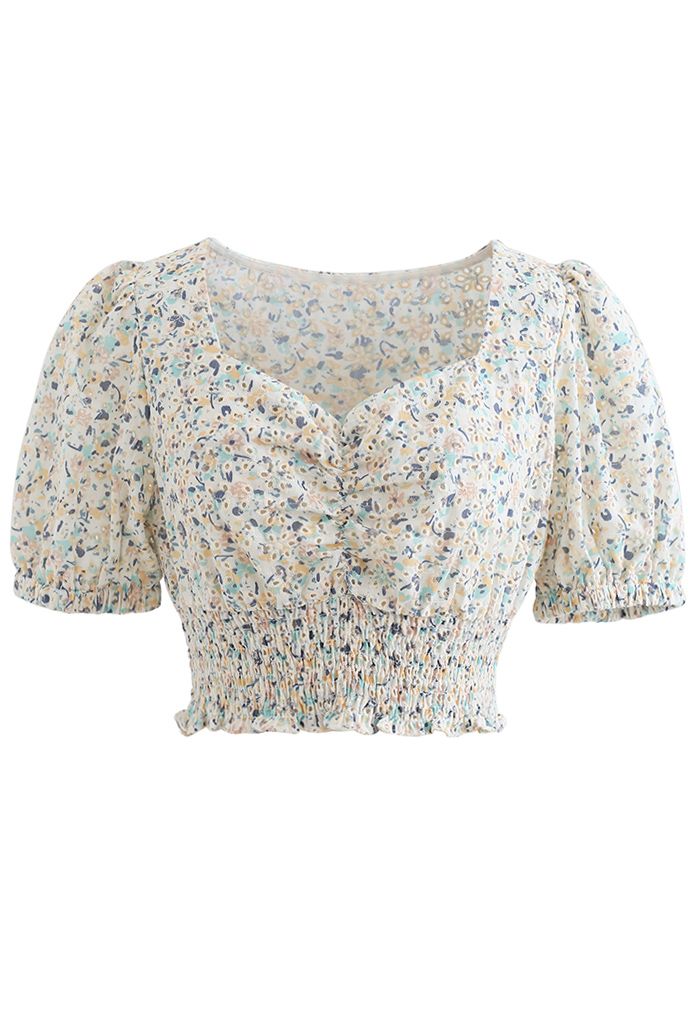 Ditsy Floral Sweetheart Neck Eyelet Crop Top