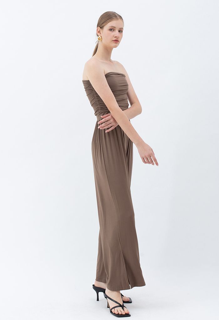 Ruched Front Soft Touch Slit Jumpsuit in Brown