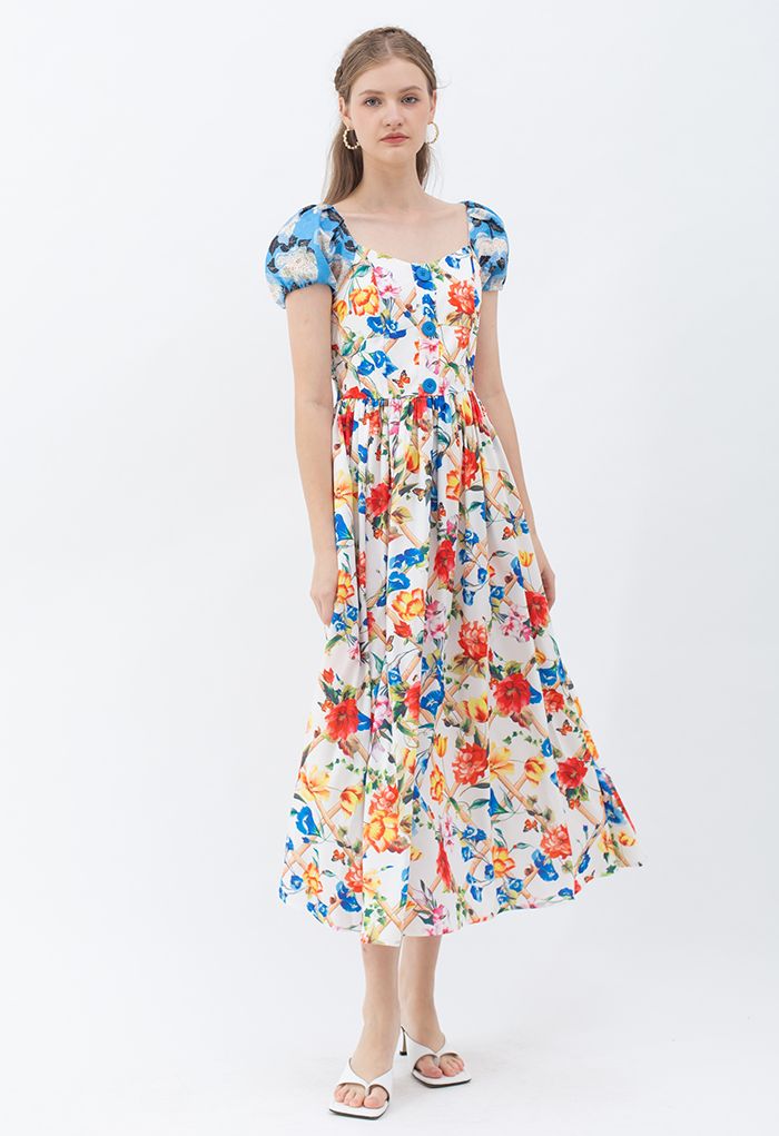Vibrant Floral Print Jacquard Sleeve Maxi Dress