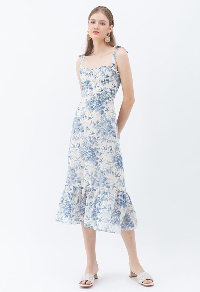 Swallow and Rose Printed Tie-Strap Midi Dress