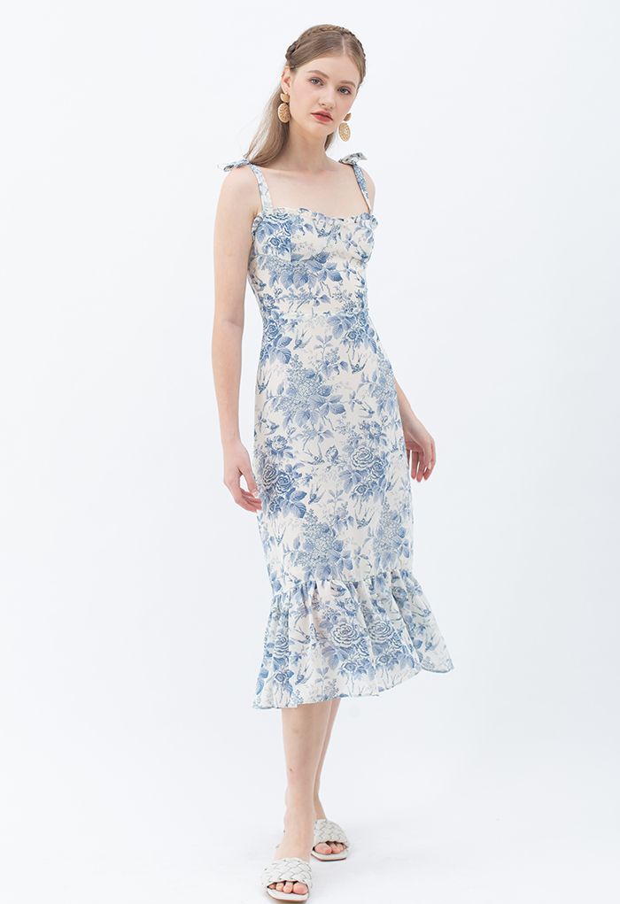 Swallow and Rose Printed Tie-Strap Midi Dress