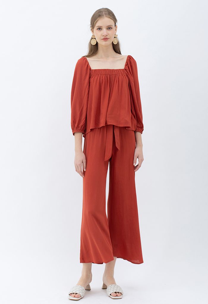 Square Neck Top and Self-Tie Waist Pants Set in Rust Red