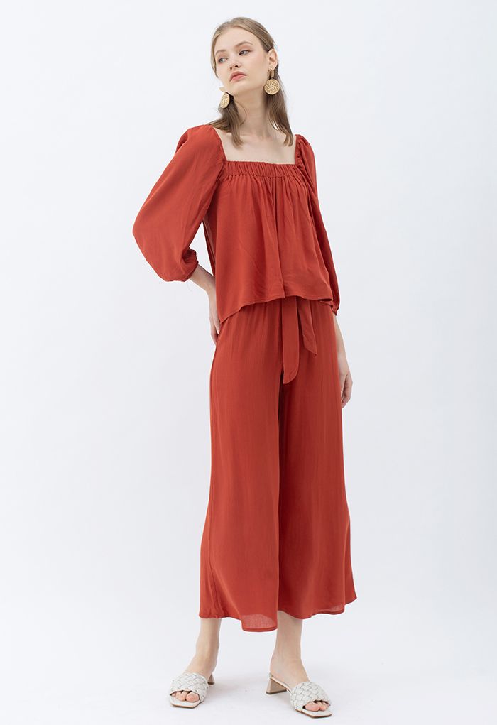 Square Neck Top and Self-Tie Waist Pants Set in Rust Red