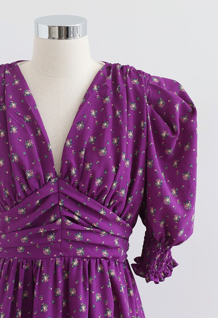 Pad Shoulder Floral V-Neck Puff Sleeve Dress in Purple