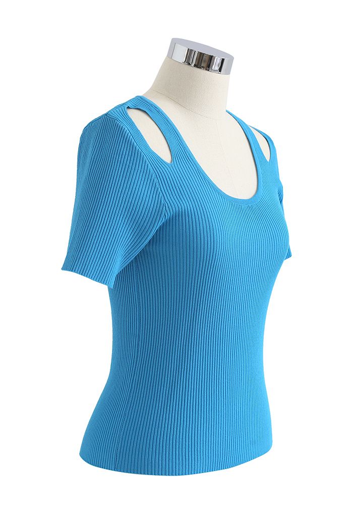 Cut Out Shoulder Ribbed Knit Top in Cyan