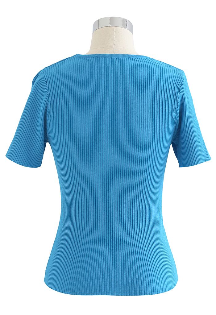 Cut Out Shoulder Ribbed Knit Top in Cyan