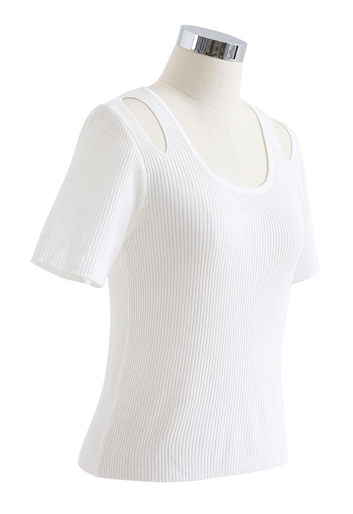 Cut Out Shoulder Ribbed Knit Top in White