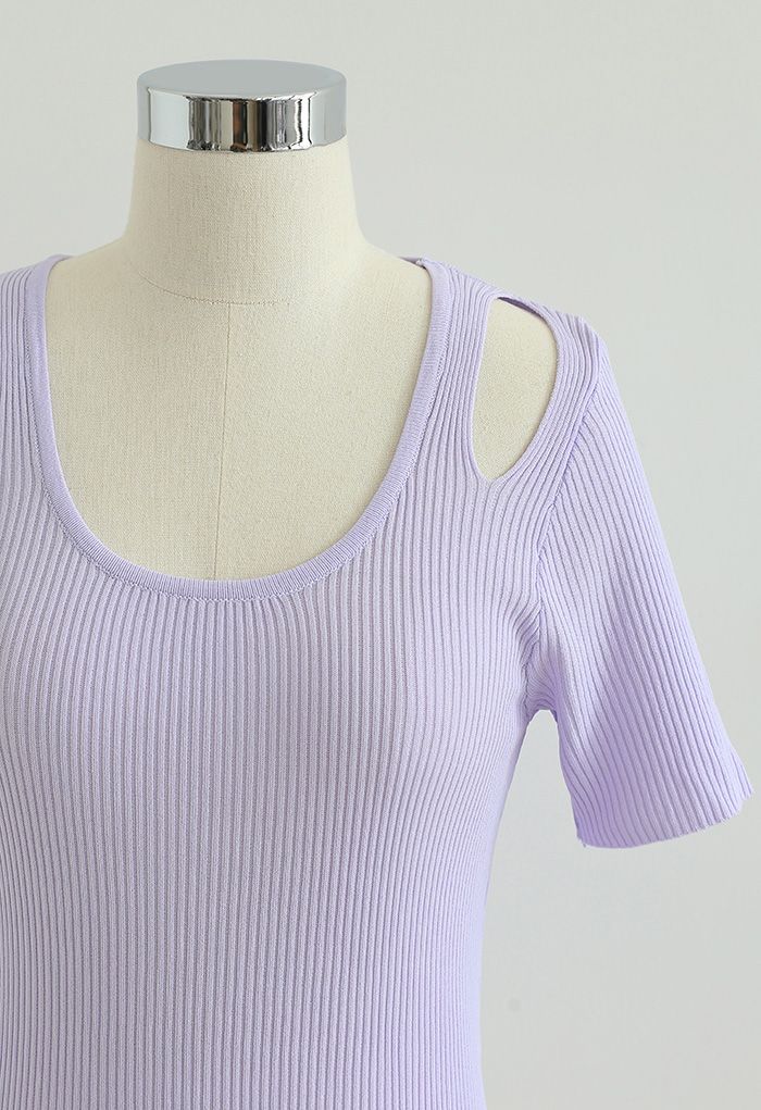 Cut Out Shoulder Ribbed Knit Top in Lilac