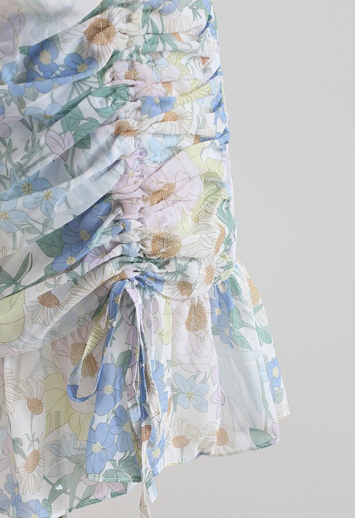 Floral Drawstring Ruched Ruffle Bodycon Mini Dress