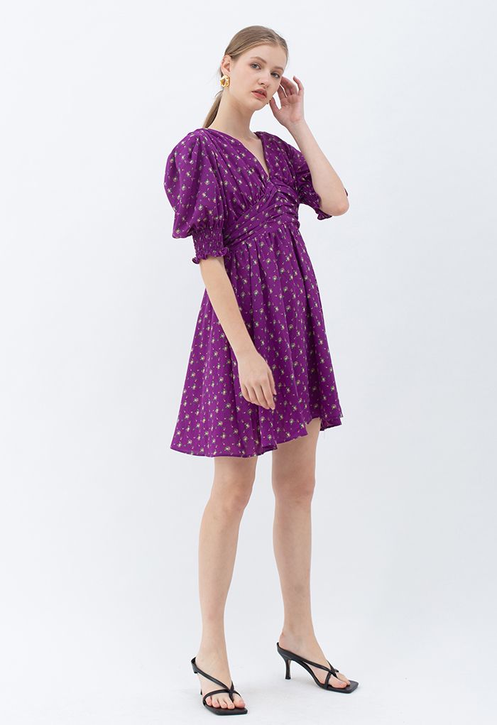 Pad Shoulder Floral V-Neck Puff Sleeve Dress in Purple
