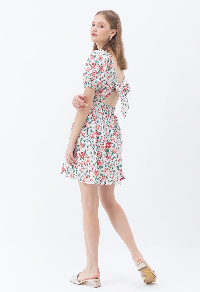 Red Rose Blossom Watercolor Tie Back Dress