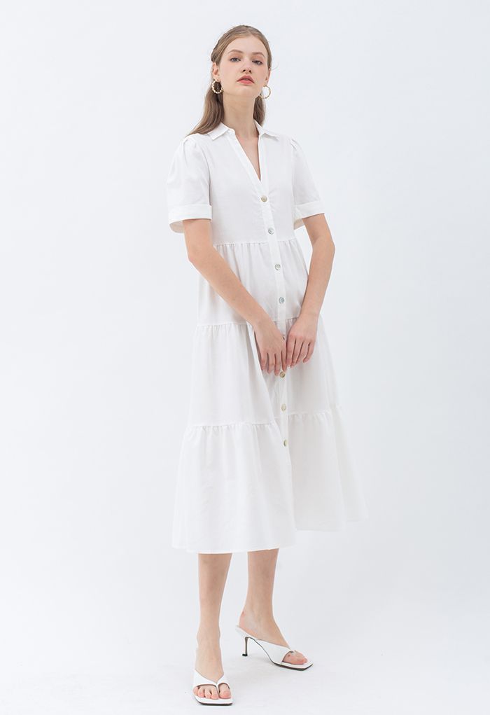 Collar V-neck Button Down Midi Dress in White