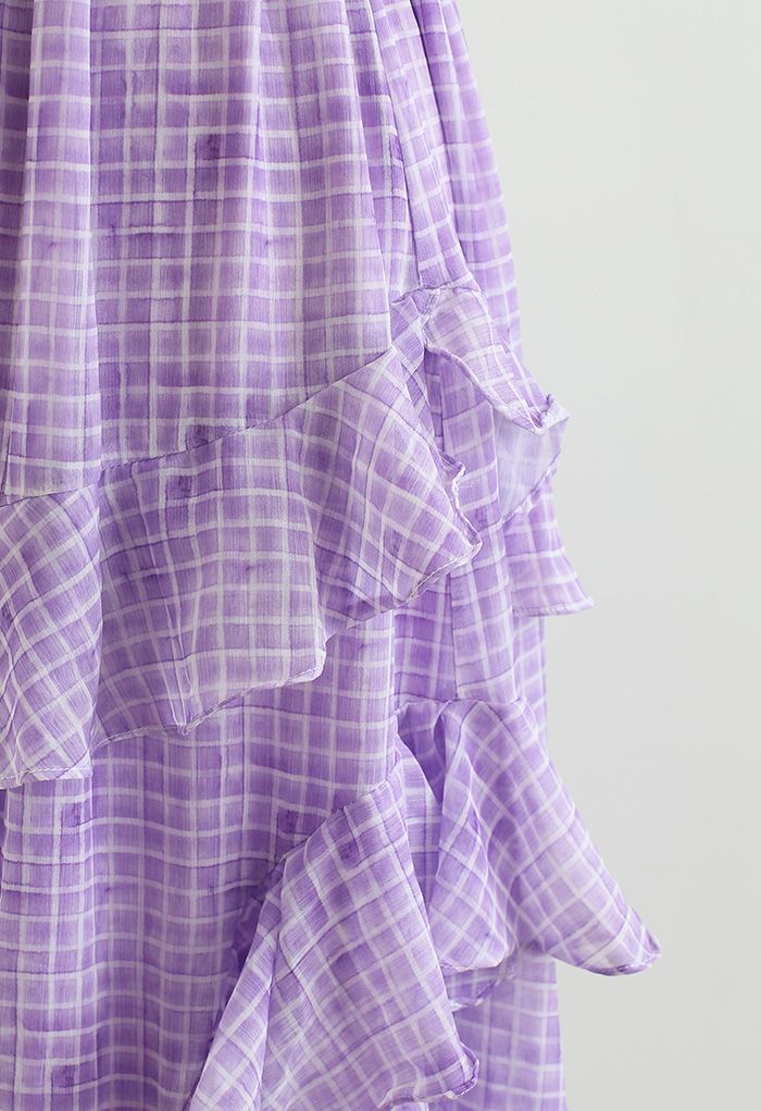 Ruffle Decorated Gingham Maxi Skirt in Purple