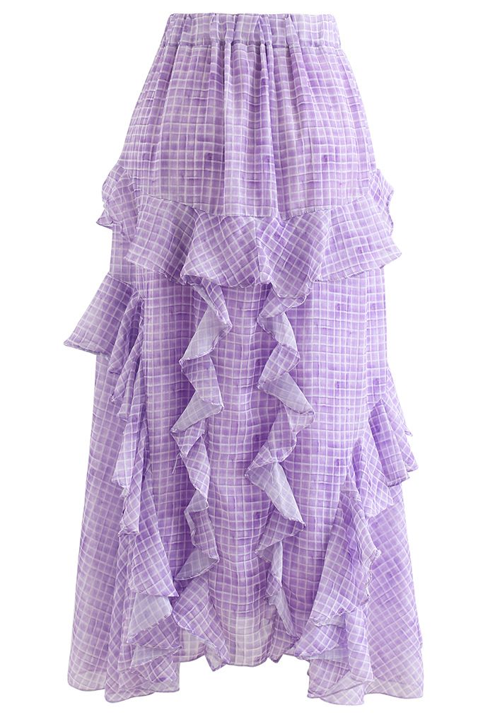 Ruffle Decorated Gingham Maxi Skirt in Purple