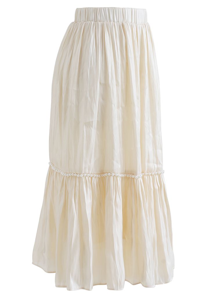 Shimmer Satin Pearly Midi Skirt in Cream - Retro, Indie and Unique Fashion
