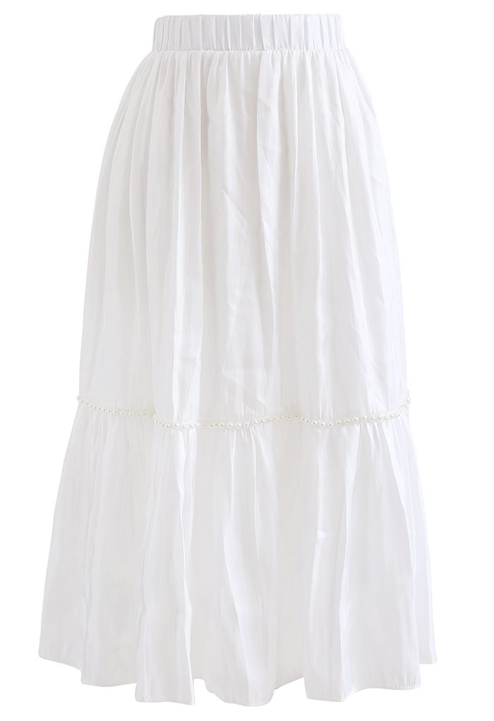 Shimmer Satin Pearly Midi Skirt in White