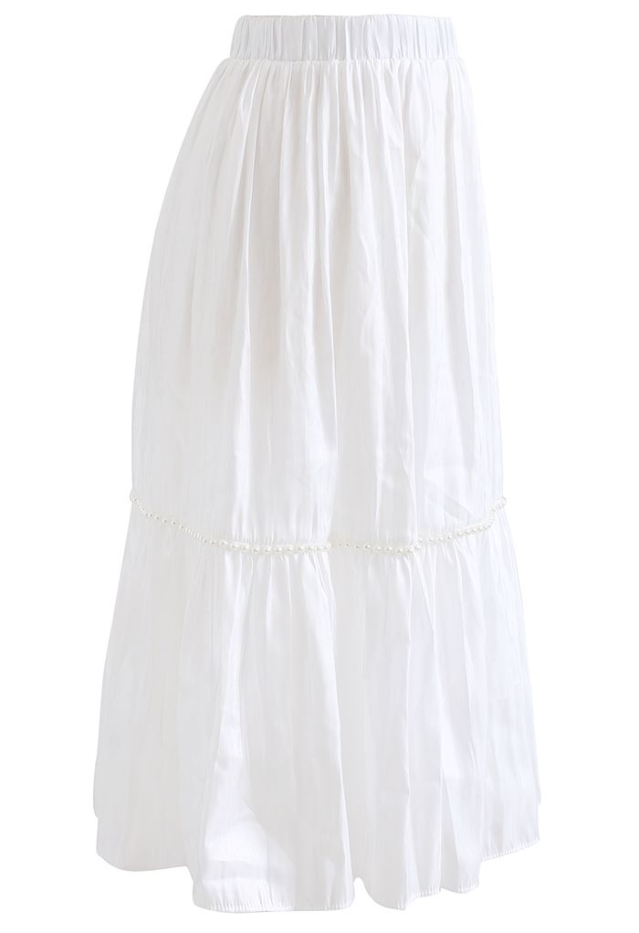 Shimmer Satin Pearly Midi Skirt in White - Retro, Indie and Unique Fashion