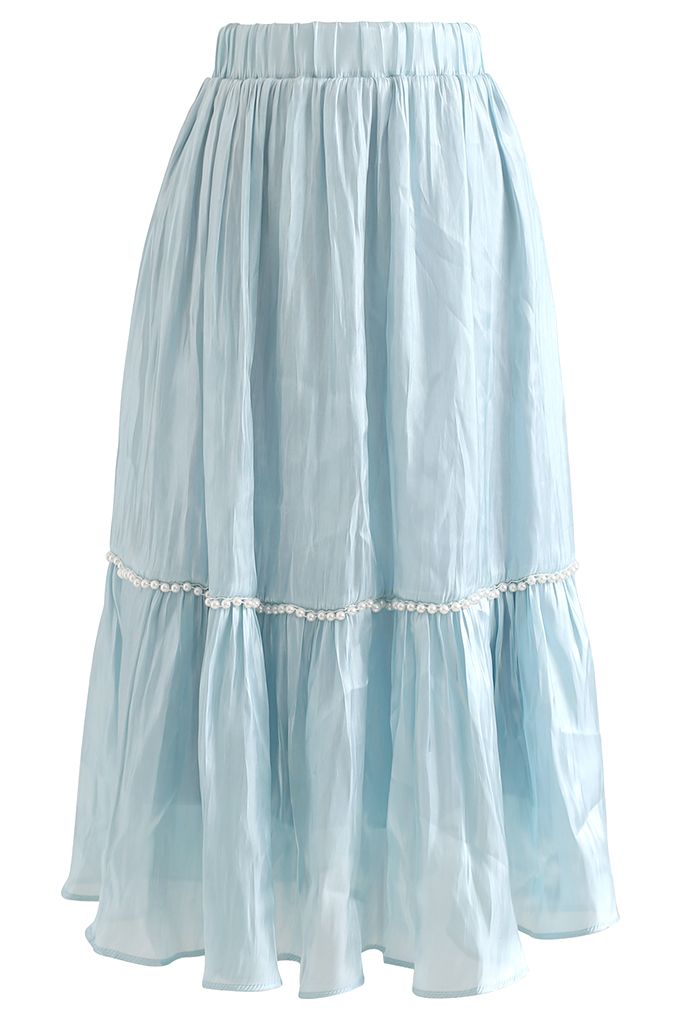 Shimmer Satin Pearly Midi Skirt in Blue