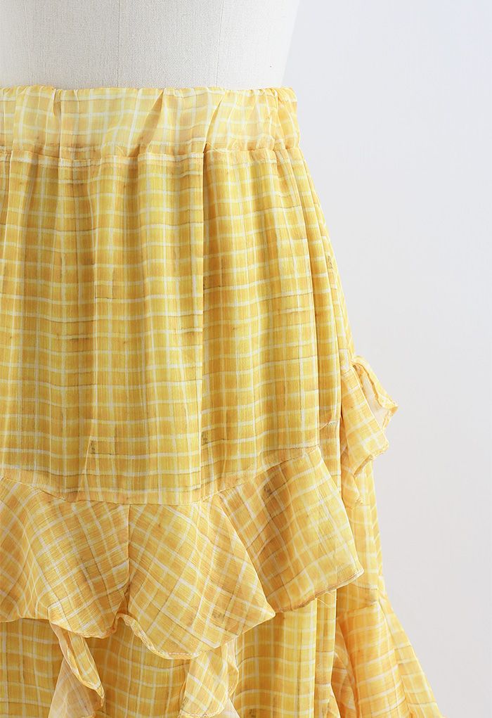 Ruffle Decorated Gingham Maxi Skirt in Yellow