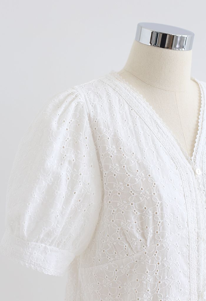 V-Neck Buttoned Eyelet Cotton Top in White