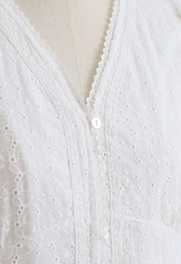 V-Neck Buttoned Eyelet Cotton Top in White