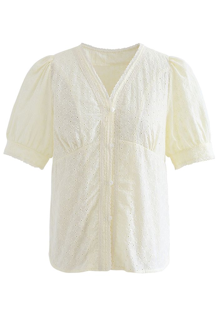 V-Neck Buttoned Eyelet Cotton Top in Light Yellow