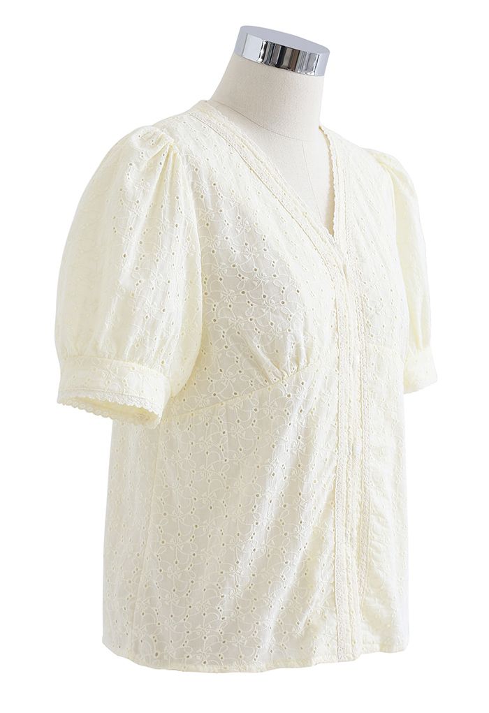 V-Neck Buttoned Eyelet Cotton Top in Light Yellow