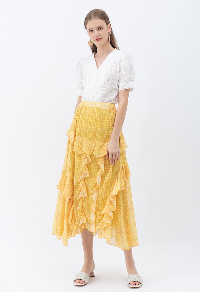 Ruffle Decorated Gingham Maxi Skirt in Yellow