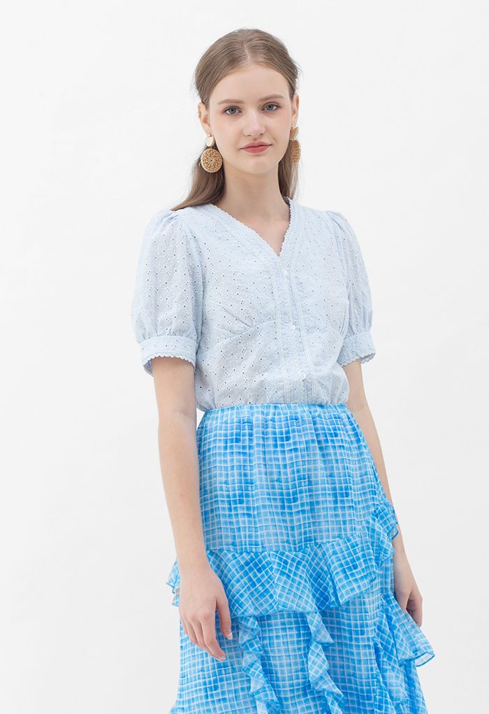 V-Neck Buttoned Eyelet Cotton Top in Sky Blue - Retro, Indie and Unique ...