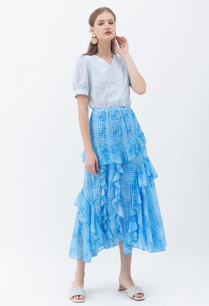 Ruffle Decorated Gingham Maxi Skirt in Blue - Retro, Indie and Unique ...