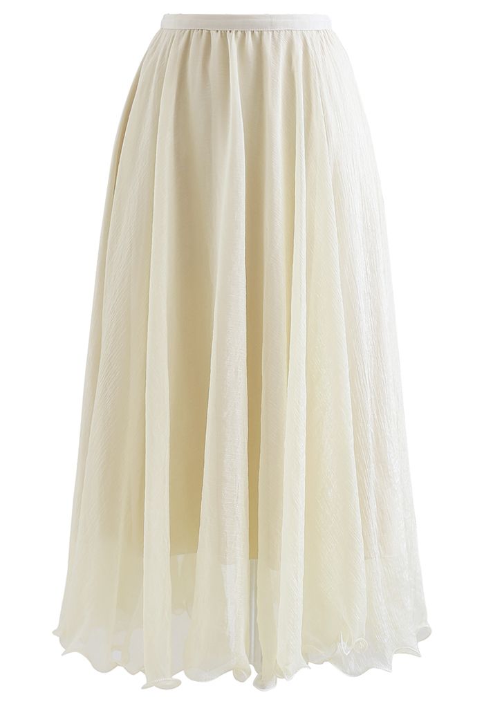 Subtle Shimmer Semi-Sheer Pleated Midi Skirt in Yellow - Retro, Indie ...
