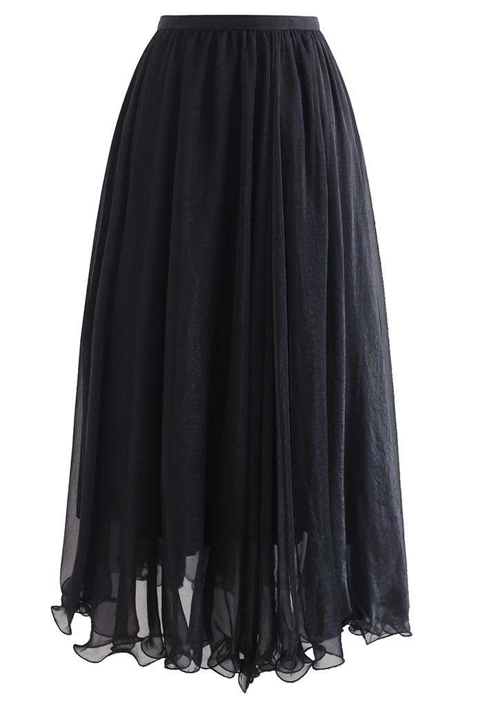 Subtle Shimmer Semi-Sheer Pleated Midi Skirt in Black - Retro, Indie ...